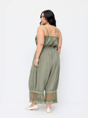 V-neck Lace Panel Drawstring Capri Bloomer Jumpsuit