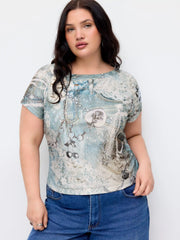 Boat Neck Lace Graphic Short Sleeve Cropped Top Curve & Plus