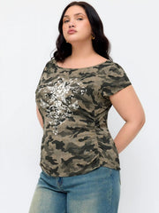 Cotton-blend Boat Neck Camo Star Ruched Crop Tee Curve & Plus