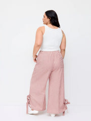 Cotton-blend High Rise Striped Wide Leg Trousers With Bowknot Cuffs Curve & Plus