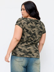 Cotton-blend Boat Neck Camo Star Ruched Crop Tee Curve & Plus