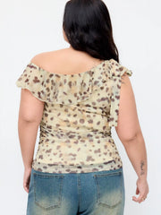 Mesh Leopard Asymmetrical Neck Bowknot Ruffle Blouse Curve & Plus