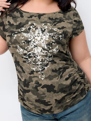Cotton-blend Boat Neck Camo Star Ruched Crop Tee Curve & Plus