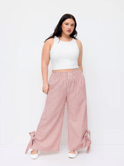 Cotton-blend High Rise Striped Wide Leg Trousers With Bowknot Cuffs Curve & Plus