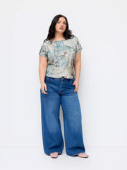 Boat Neck Lace Graphic Short Sleeve Cropped Top Curve & Plus