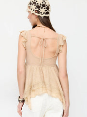 Lace Sweetheart Ruffle Hem Knotted Short Sleeve Top
