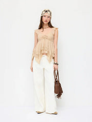 Lace Sweetheart Ruffle Hem Knotted Short Sleeve Top
