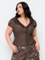 V-Neck Puff Sleeve Bowknot Ruffle Blouse Curve & Plus