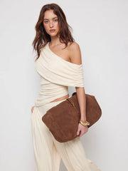 Asymmetrical Neck Ruched Top & Mid Rise Wide Leg Trousers Set
