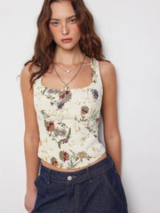 Scoop Neckline Floral Lace Up Crop Tank Top