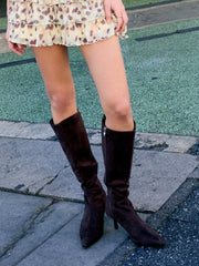 POINTED TOE FAUX SUEDE STILETTO KNEE HIGH BOOTS