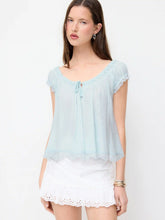 Textured Scoop Neck Drawstring Lace Trim Oversized Top