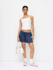 Denim Pleated Low Rise Ruched Wide Leg Shorts