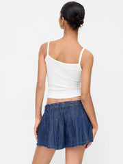 Denim Pleated Low Rise Ruched Wide Leg Shorts
