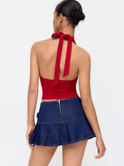 Denim Low Rise Pleated Metal Detail Micro Mini Skirt