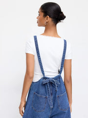 Denim Bowknot Mid Rise Wide Leg Overalls