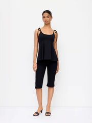 Cotton-blend Square Neck Babydoll Tie-Shoulder Flared Crop Top