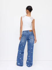 Denim Embroidery Ditsy Floral High Rise Wide Leg Jeans