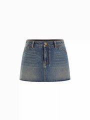 Washed Denim Low Rise A-line Mini Skirt With Metal Detail