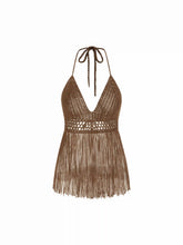 Knit Halter Neckline Hollow Out Crochet Fringe Trim Cover Up Skirt