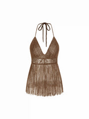 Knit Halter Neckline Hollow Out Crochet Fringe Trim Cover Up Skirt