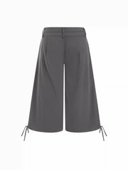 Washed Denim Low Rise Drawstring Hem Pleated Oversized Jogger Bermuda Jorts