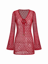 Knit V-neck Hollow Out Tie Front Sheer Cover Up Dress