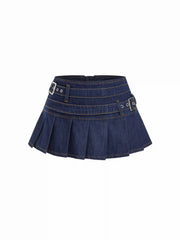 Denim Low Rise Pleated Metal Detail Micro Mini Skirt