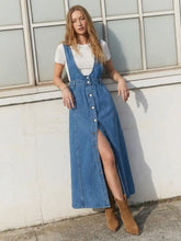 Washed Denim Pinafore Maxi Dress With Metal Detail