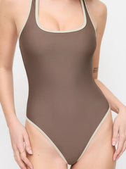 High Stretch Halter Neck Contrast Trim One-piece Swimsuit