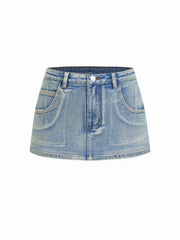 Washed Denim Mid Rise Slim Metal button Ultra Shorts