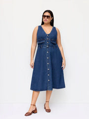 Cider Denim V-neck Button Knotted A-line Midi Dress Curve & Plus