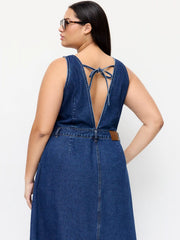 Cider Denim V-neck Button Knotted A-line Midi Dress Curve & Plus