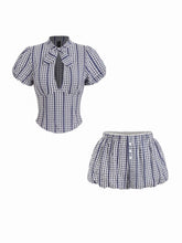 Cotton-blend Gingham Stand Collar Puff Sleeve Cut Out Shirred Top & Mid Rise Bubble Hem Shorts Set