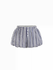 Cotton-blend Gingham Stand Collar Puff Sleeve Cut Out Shirred Top & Mid Rise Bubble Hem Shorts Set
