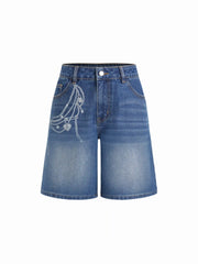 Denim Low Rise Graphic Wide Leg Shorts