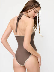 High Stretch Halter Neck Contrast Trim One-piece Swimsuit