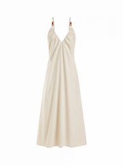 Linen-blend V-neck Ruched Flared Maxi Dress