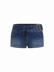 Washed Denim Low Rise Metal Buckle Belted Micro Shorts