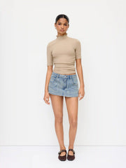 Washed Denim Mid Rise Slim Metal button Ultra Shorts