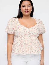 Cotton-blend Floral Sweetheart Lace Trim Puff Sleeve Cropped Blouse Curve & Plus