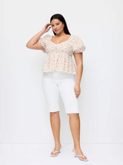 Cotton-blend Floral Sweetheart Lace Trim Puff Sleeve Cropped Blouse Curve & Plus