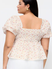 Cotton-blend Floral Sweetheart Lace Trim Puff Sleeve Cropped Blouse Curve & Plus