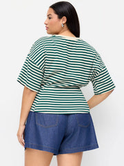 Cotton-blend Striped Short Sleeve Cinched Waist Tee Curve & Plus