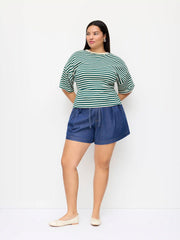 Cotton-blend Striped Short Sleeve Cinched Waist Tee Curve & Plus
