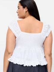 Cotton-blend V-neck Broderie Anglaise Ruffle Hem Blouse