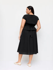 Cotton V-Neck Button Front Peplum Top & Mid Rise A-line Maxi Skirt Set Curve & Plus