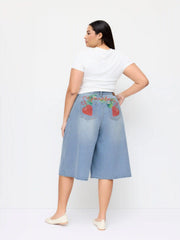 Washed Denim Mid Rise Strawberry Graphic Wide Leg Bermuda Shorts Curve & Plus