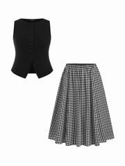 Cotton Button Top & Gingham A-line Maxi Skirt Set Curve & Plus