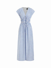 Cotton-blend V-neck Stripes Drawstring Wide Leg Jumpsuit